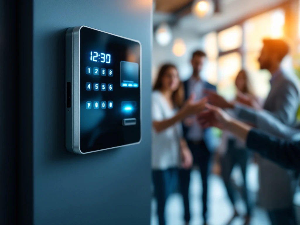 Moderne digitale toegangscontrolepaneel met toetsenbord en kaartlezer in heldere kantoortrainingsomgeving