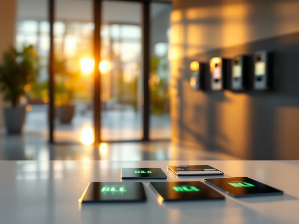 Moderne kantoorgebouw ingang met glazen deuren en toegangskaarten met groene LED-indicatoren op voorgrond