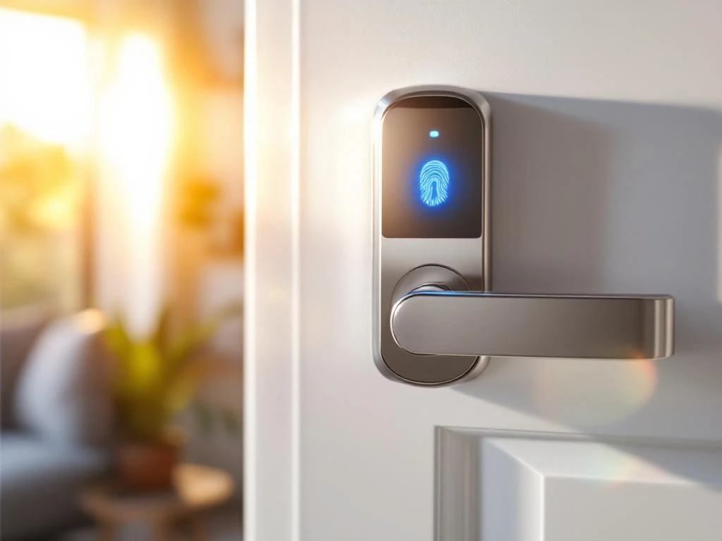 Moderne biometrische deurslot met blauwe vingerafdrukscanner op witte deur in natuurlijk zonlicht