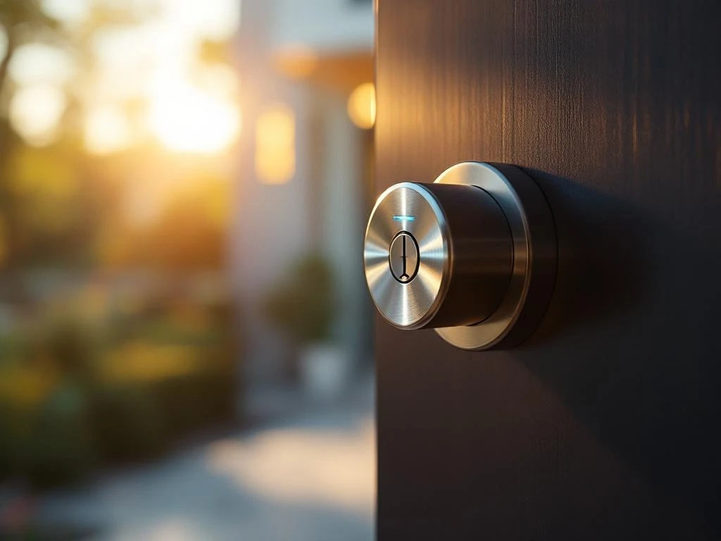 Modern elektronisch cilinderslot met LED-indicator op eigentijdse deur in natuurlijk daglicht