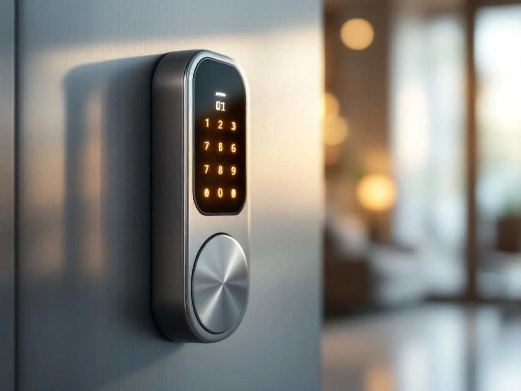 Moderne elektronische codeslot met verlichte toetsen op stalen deur in helder verlicht interieur