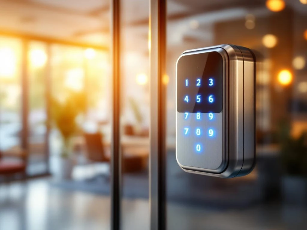 Modern elektronisch codeslot op glazen kantoorдeur met verlichte blauwe toetsen in natuurlijk daglicht