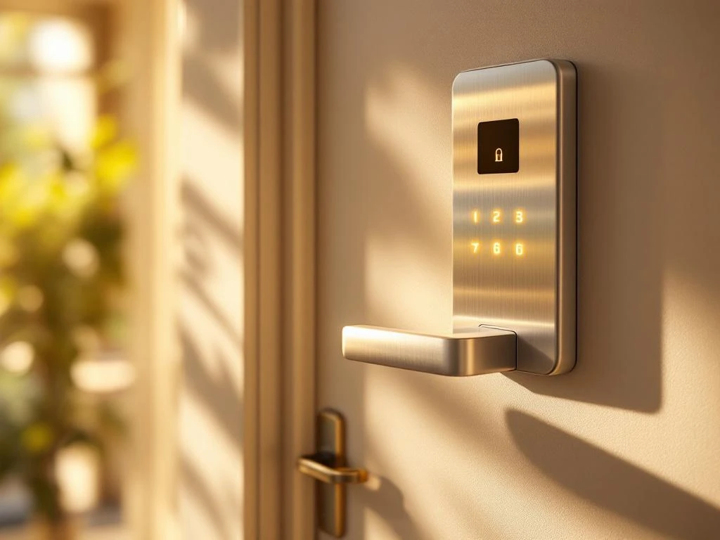 Moderne elektronische deurslot met verlicht touchpad geïntegreerd met wit alarmpaneel op crèmekleurige muur