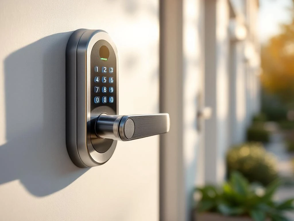 Modern elektronisch deurslot met verlicht toetsenpaneel op witte appartementsingang in daglicht