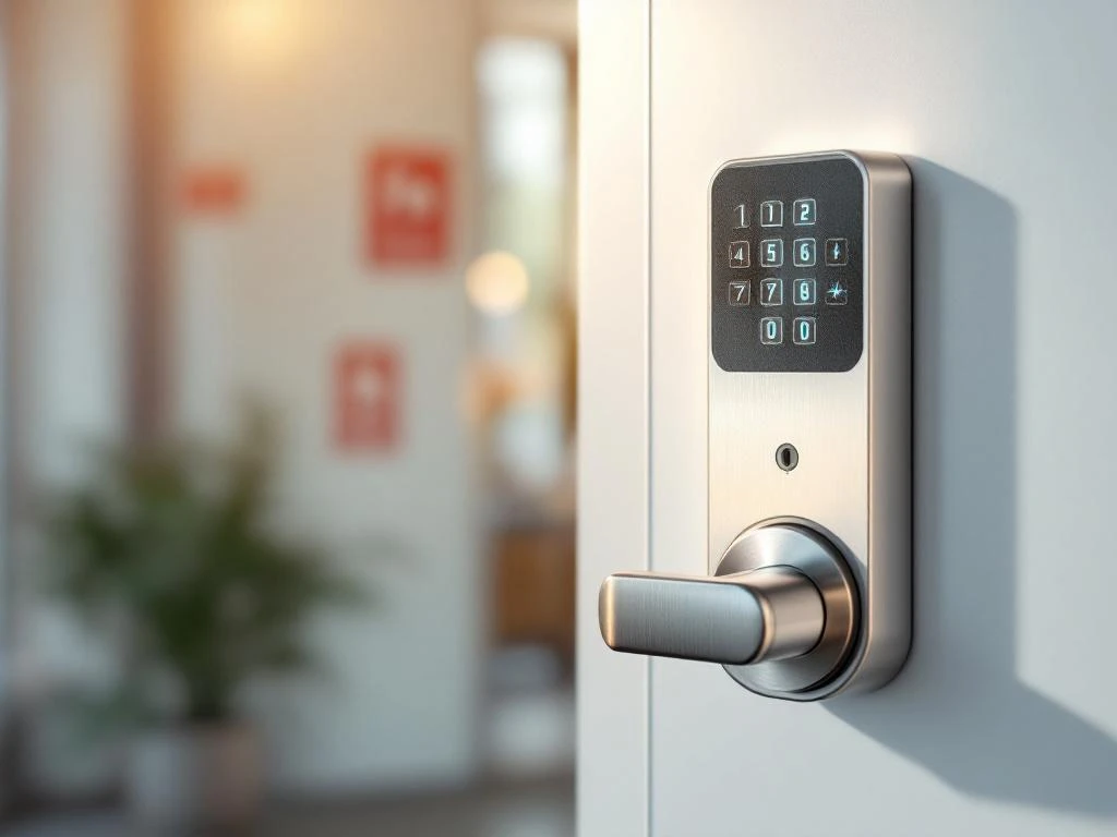 Modern elektronisch slot met blauw LED-display op witte brandwerende deur met chromen afwerking