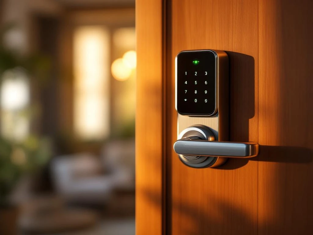 Modern elektronisch deurslot met chrome afwerking op houten deur met groen LED-lampje en warm daglicht