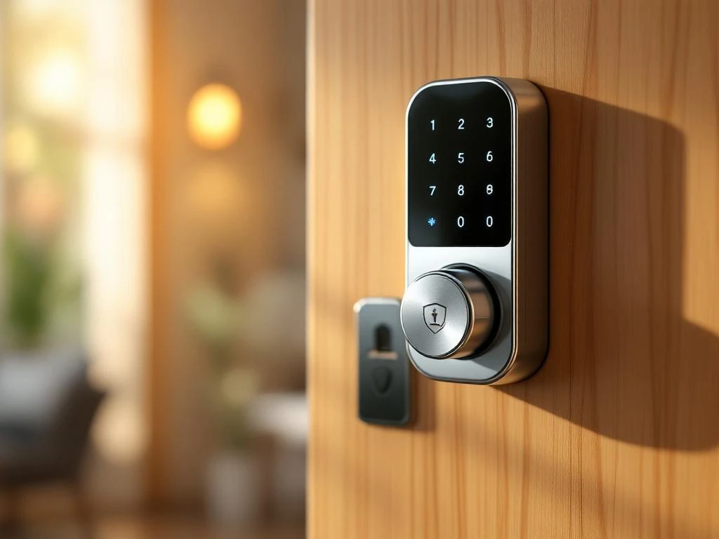 Modern chromen elektronisch deurslot met blauw LED-display op lichte houten deur met garantiecertificaat