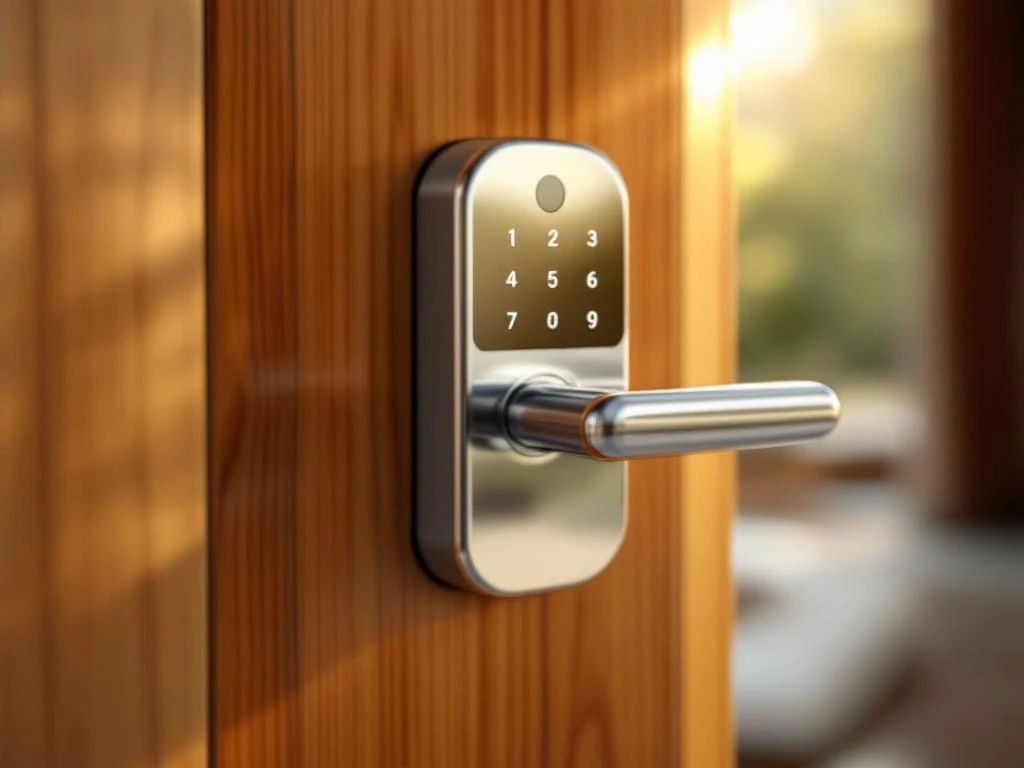 Modern elektronisch deurslot met chromen afwerking op houten deur, met onderhoudsgereedschap ernaast