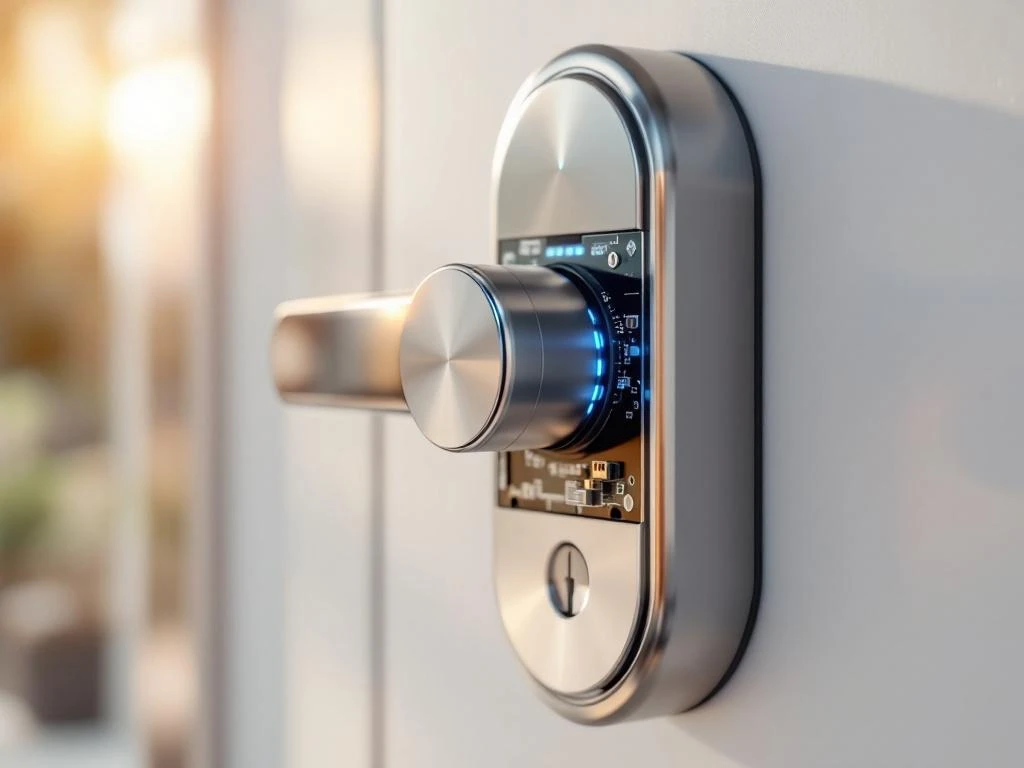 Modern elektronisch motorslot op eigentijdse deur met LED-indicatoren en chromen afwerking in natuurlijk licht