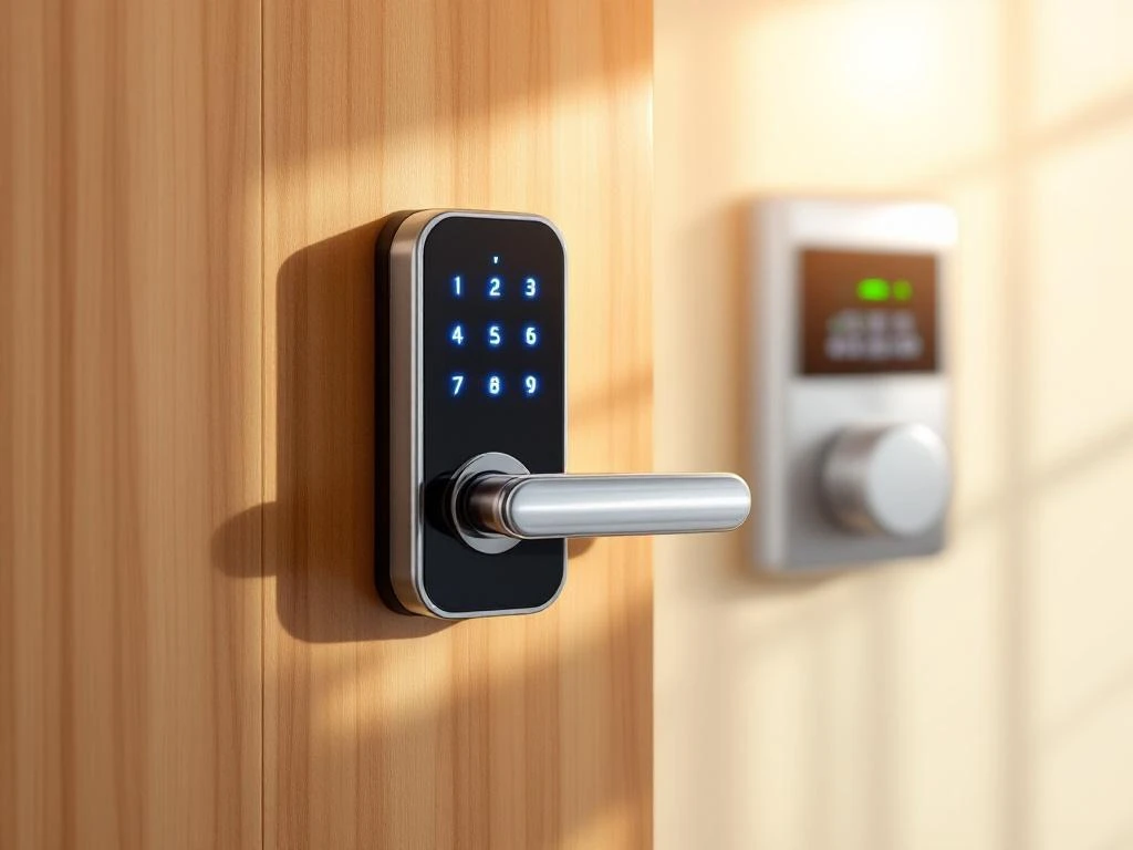 Elektronisch deurslot met blauw LED-toetsenpaneel wordt geïnstalleerd op houten deur met toegangscontrolepaneel