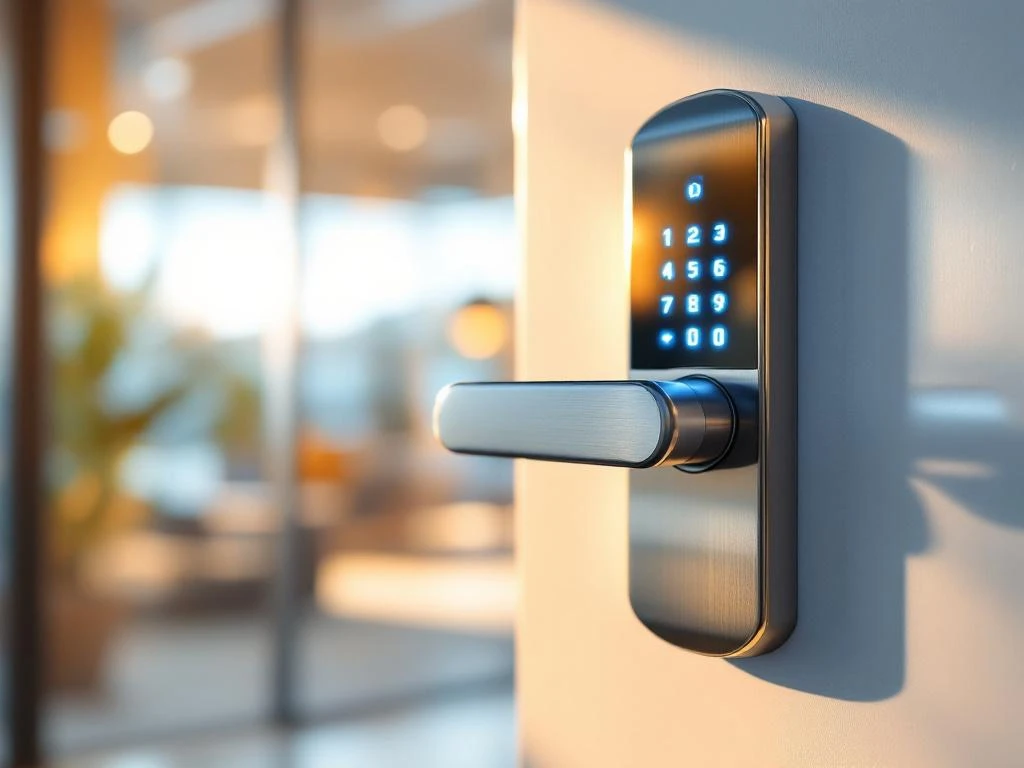 Modern elektronisch deurslot met blauw LED-toetsenbord op witte kantooringang in natuurlijk daglicht