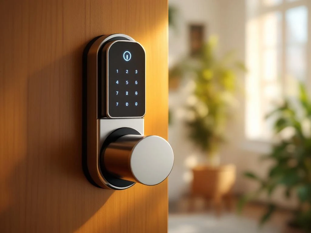 Modern elektronisch deurslot met blauw LED-display op houten deur in Nederlands interieur