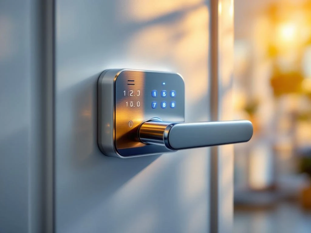 Modern elektronisch deurslot met verlicht toetsenpaneel en onderhoudsgereedschap op witte deur in natuurlijk licht