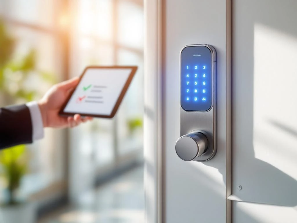 Modern elektronisch deurslot met blauw LED-display op witte deur, tablet met onderhoudscontroles op achtergrond