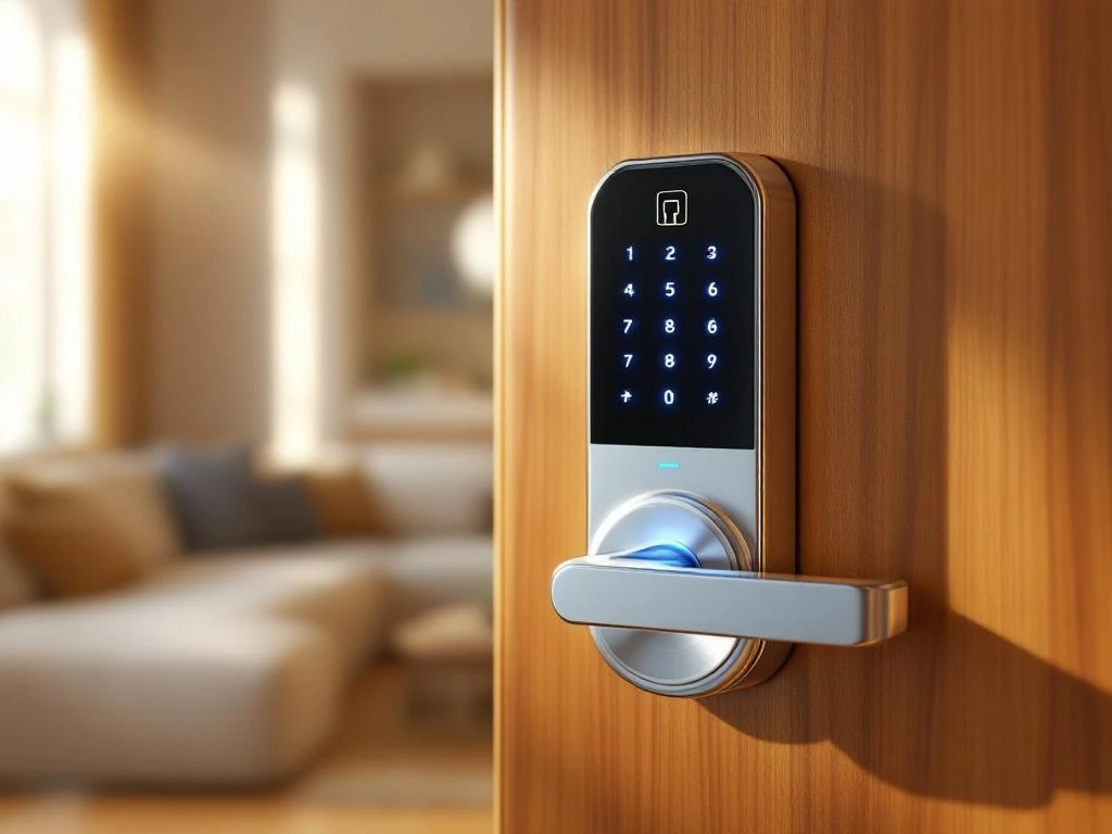 Elektronisch deurslot met touchscreen en LED-verlichting op houten deur in modern interieur