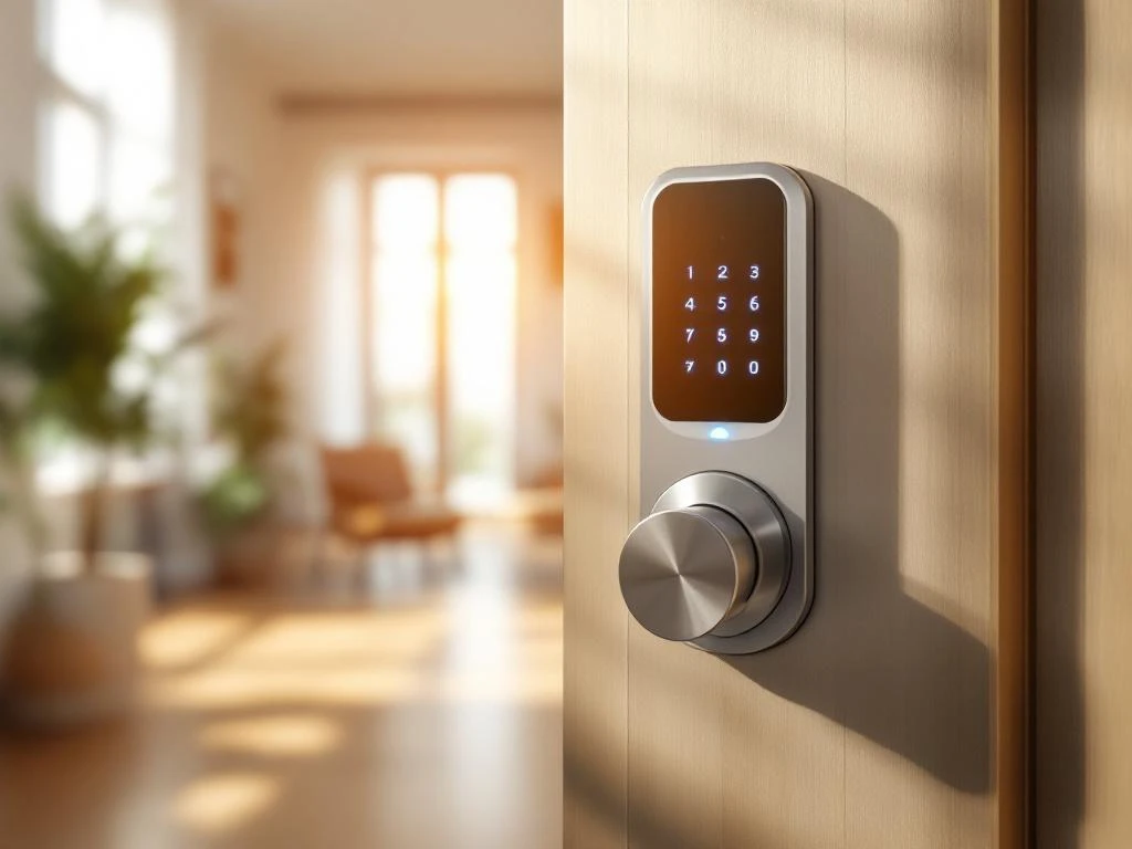 Modern elektronisch deurslot met blauw touchscreen op deur van gedeelde ruimte, verlicht door natuurlijk zonlicht