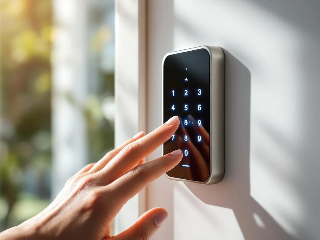 Hand bedient verlicht digitaal codeslot op witte deur in natuurlijk daglicht