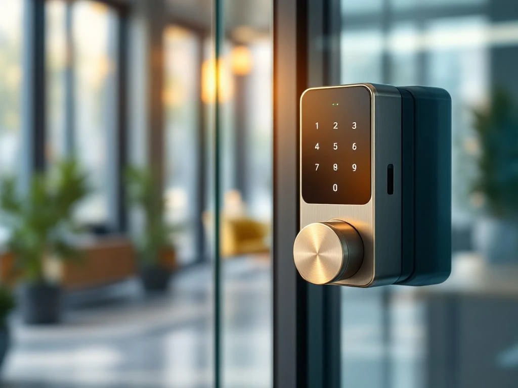 Elektronisch codeslot op glazen deur in modern kantoorgebouw met natuurlijk licht en groene planten op achtergrond