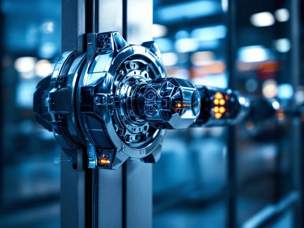 Chrome motorfiets schijfslot beveiligt moderne glazen deur met verlichte veiligheidsindicator en metalen beugel