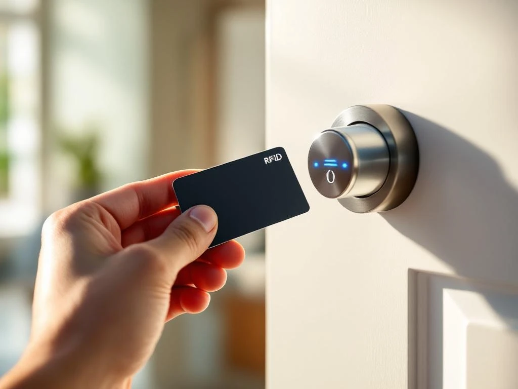 RFID-kaart bij moderne elektronische deurslot met blauwe LED-indicatie en chromen afwerking op witte deur