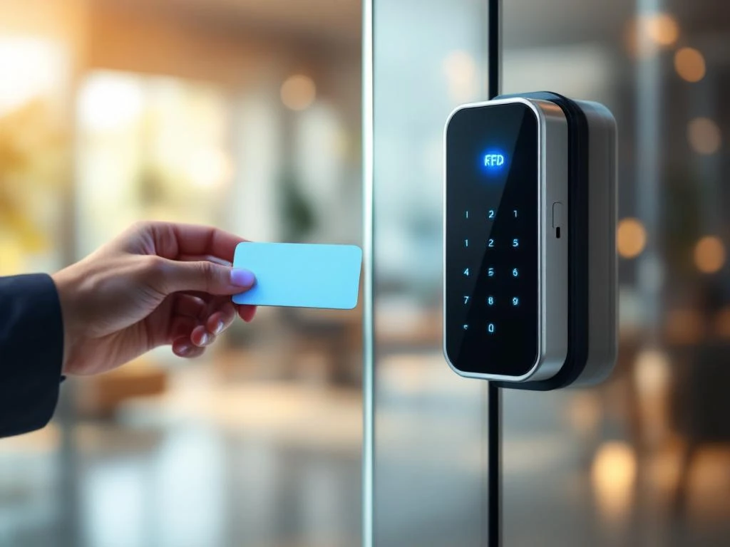Hand met witte RFID-keycard bij elektronisch slot met blauw LED-lampje op glazen kantoordeuren