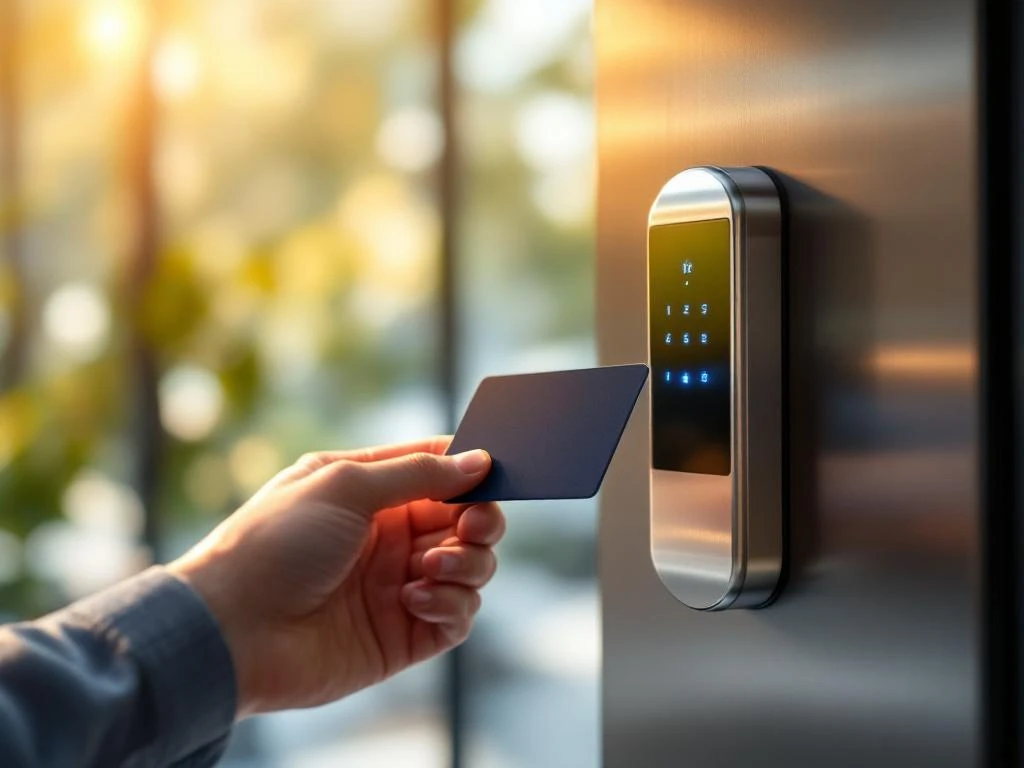 RFID-toegangskaart bij elektronisch deurslot met blauwe LED-verlichting in modern kantoor