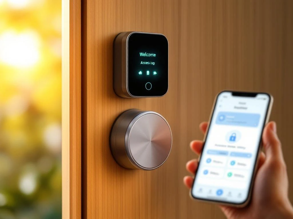 Slim elektronisch slot op houten deur met smartphone-app voor toegangscontrole in natuurlijk daglicht