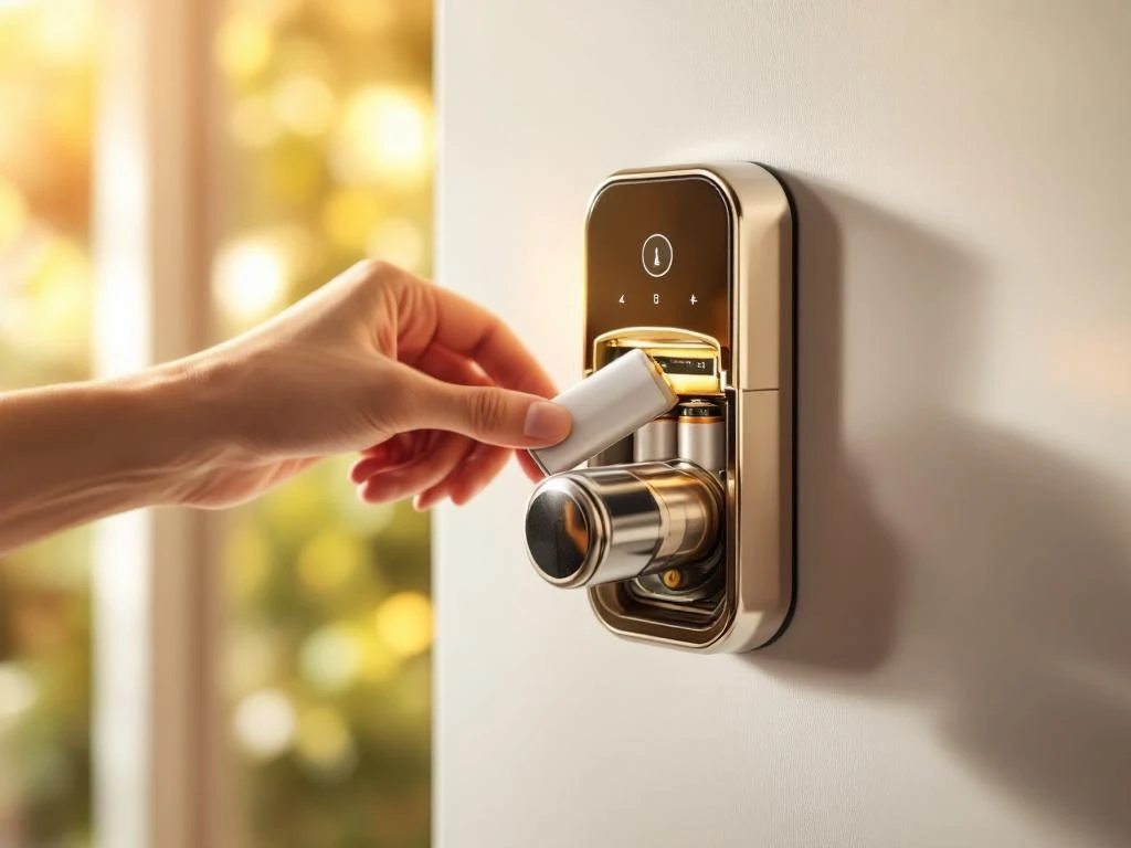 Handen vervangen batterij in moderne elektronische deurslot op witte deur in natuurlijk daglicht