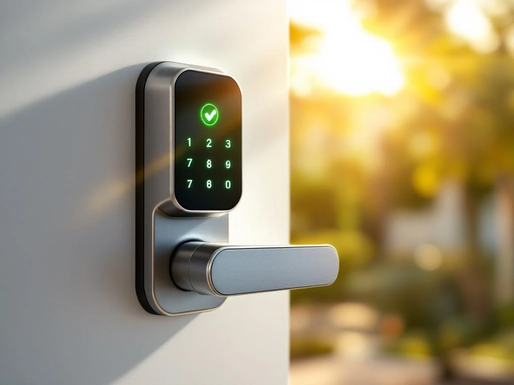 Modern smart lock met groen LED-lampje en touchscreen op witte deur, met certificeringshologram op achtergrond