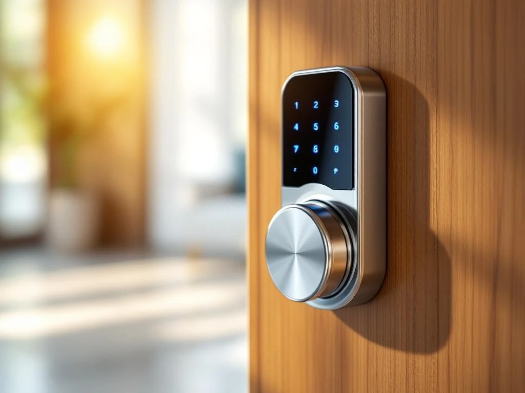 Modern elektronisch deurslot met toetsenbord en LED-indicatoren op houten deur met certificeringsbadges