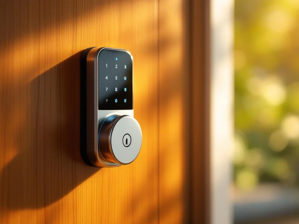 Modern elektronisch slot met touchscreen en blauw LED-licht op houten deur in natuurlijk daglicht