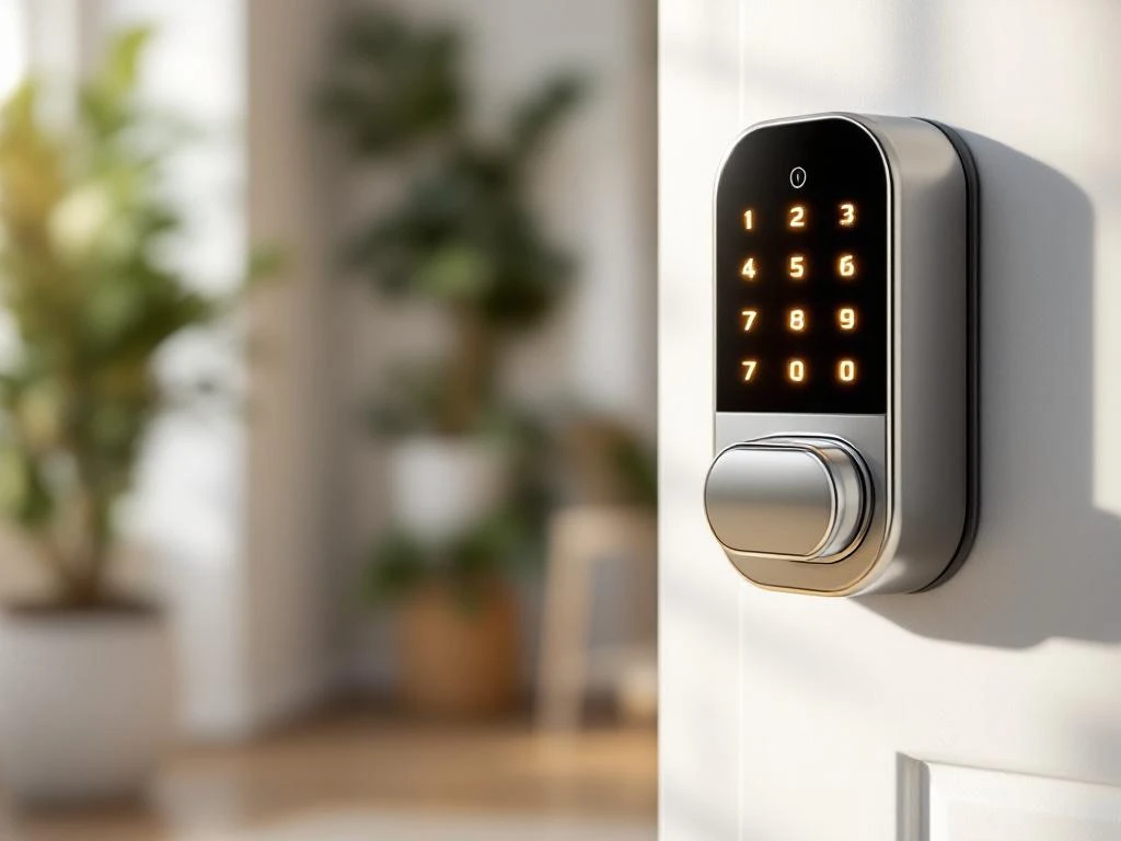 Chromen smart lock met digitaal toetsenbord op witte deur in modern interieur met natuurlijk licht