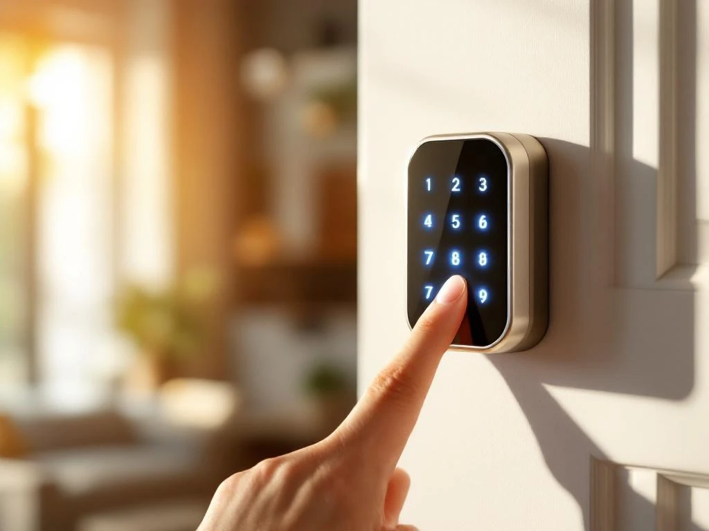 Hand bedient modern smart slot met verlicht toetsenblok op witte deur in warm zonlicht