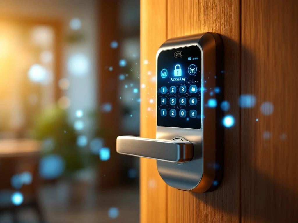 Moderne elektronische smart lock met digitaal touchscreen op eiken deur met blauwe en groene lichteffecten