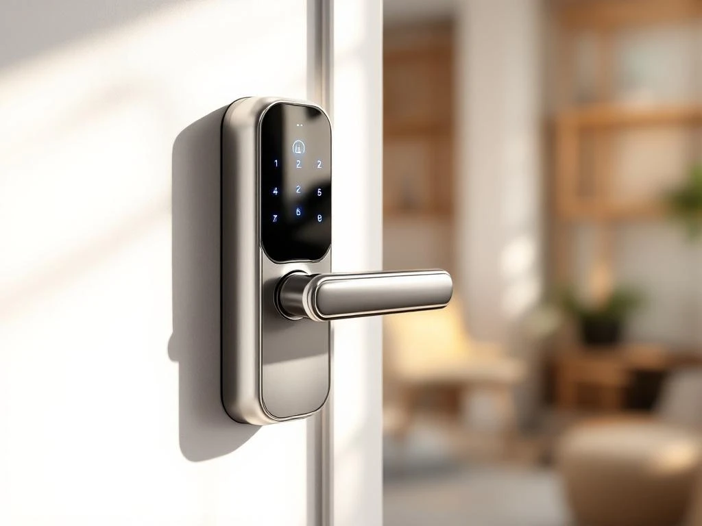 Modern smart deurslot met blauw LED-touchpad op witte deur in verlicht huis interieur