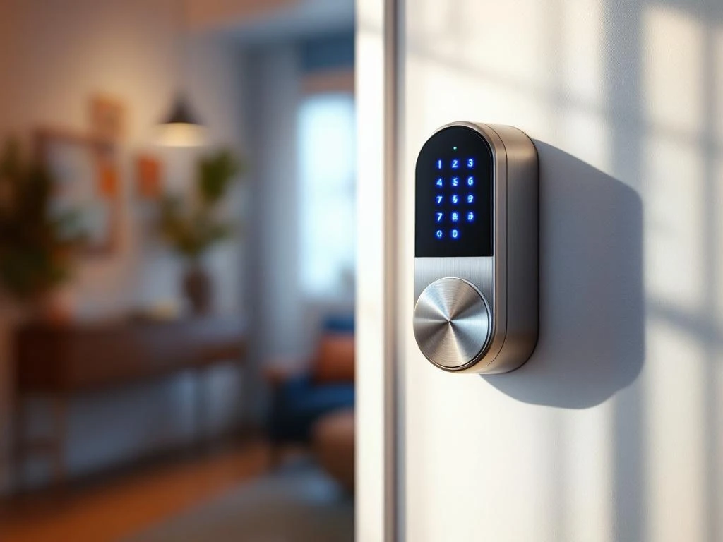 Modern smart lock met blauw LED-toetsenpaneel op witte deur in helder daglicht