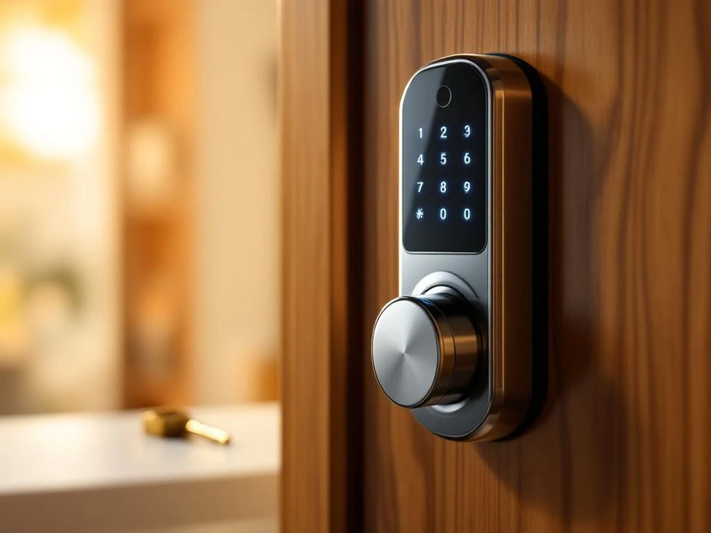 Modern elektronisch deurslot met touchscreen op houten deur, met traditionele sleutel op achtergrond