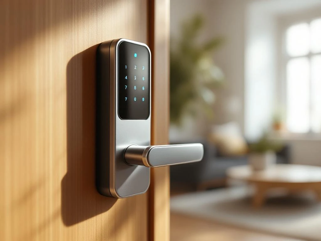 Modern smart deurslot met LED-touchscreen op houten deur in licht interieur met natuurlijk daglicht