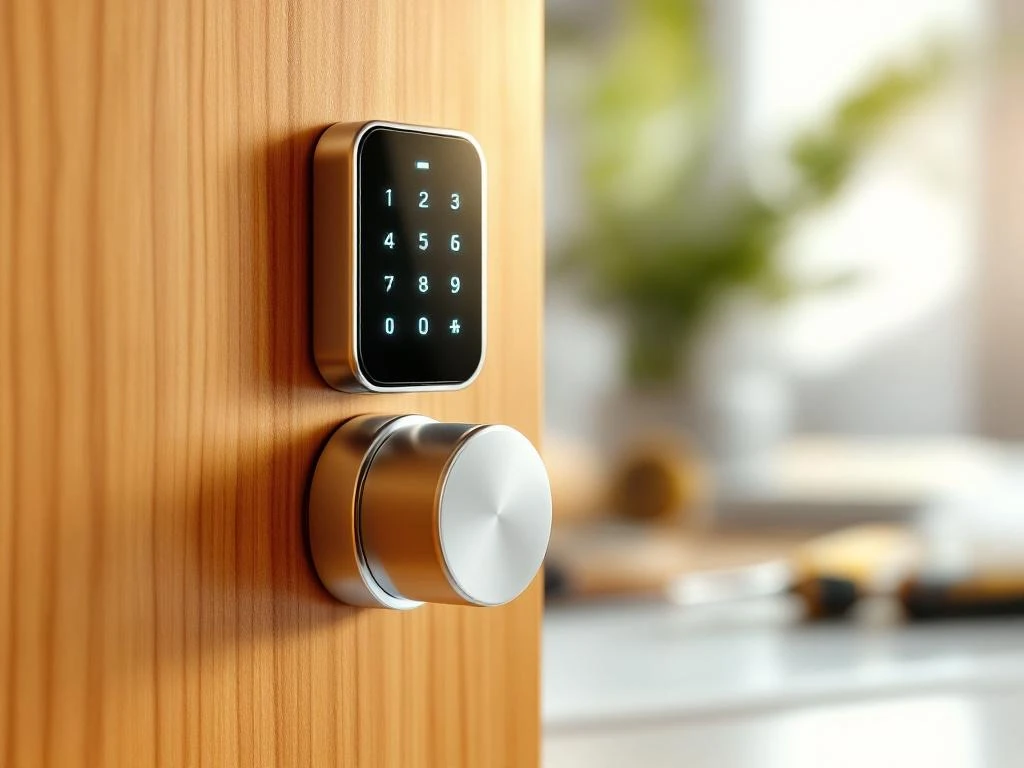 Chrome elektronisch smart lock wordt geïnstalleerd op houten deur naast traditioneel slot en gereedschap