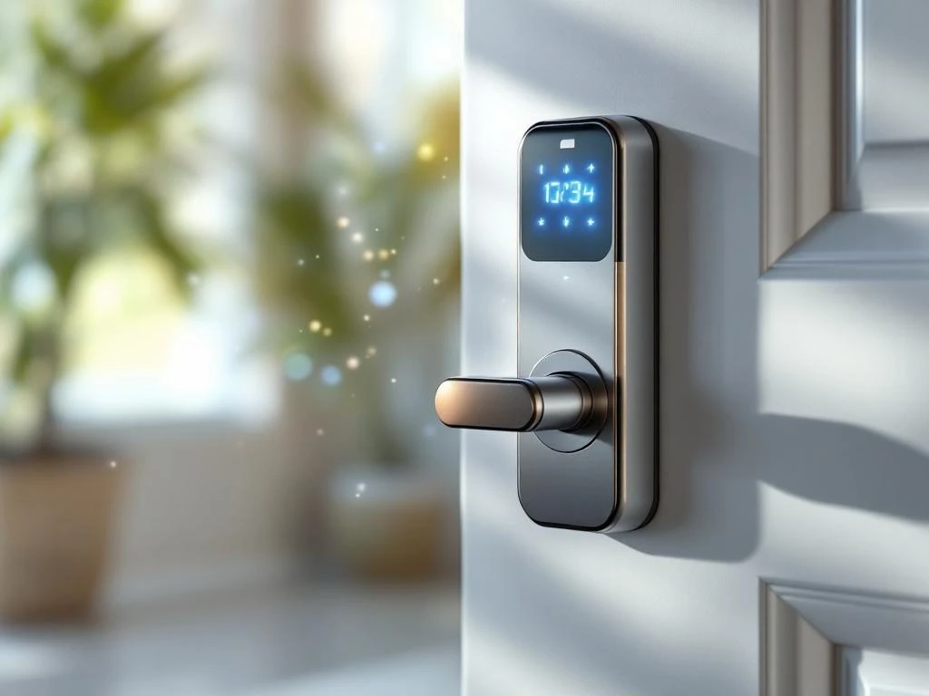 Modern smart deurslot met blauw touchscreen wordt geïnstalleerd op witte deur in natuurlijk zonlicht