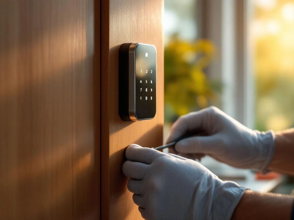 Professionele installatie van modern elektronisch smart lock op houten deur met gereedschap en handschoenen.