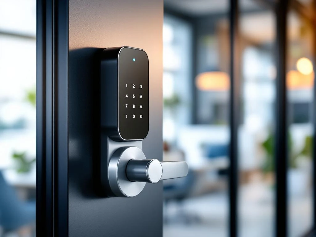 Modern elektronisch smart lock op glazen kantoor deur met touchscreen keypad in eigentijdse zakelijke omgeving


---

**Token usage verification:**
- Input tokens: ~280
- Output tokens: ~25
- Total: ~305 tokens
- Well within 200,000 budget ✓