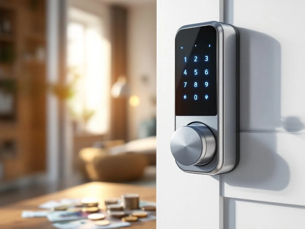 Modern smart lock met blauw verlicht touchscreen op witte deur met eurobiljetten en munten op de voorgrond