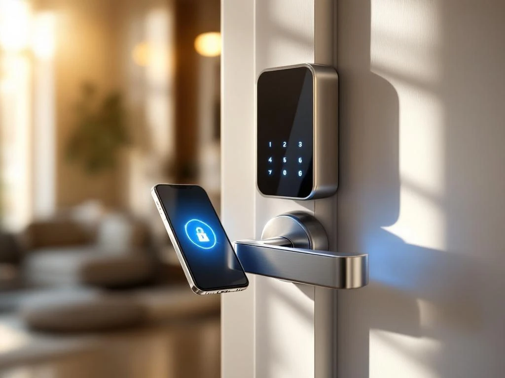 Slim elektronisch deurslot met smartphone-app op witte deur, verlicht door natuurlijk daglicht in modern interieur