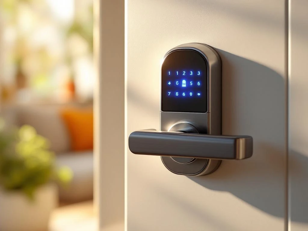 Modern smart deurslot met verlichte touchscreen en smartphone-app op witte deur in natuurlijk daglicht