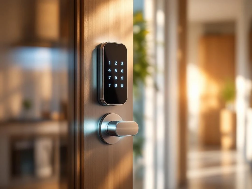 Modern elektronisch smart lock met verlicht touchscreen op eigentijdse appartementsdeur in heldere hal