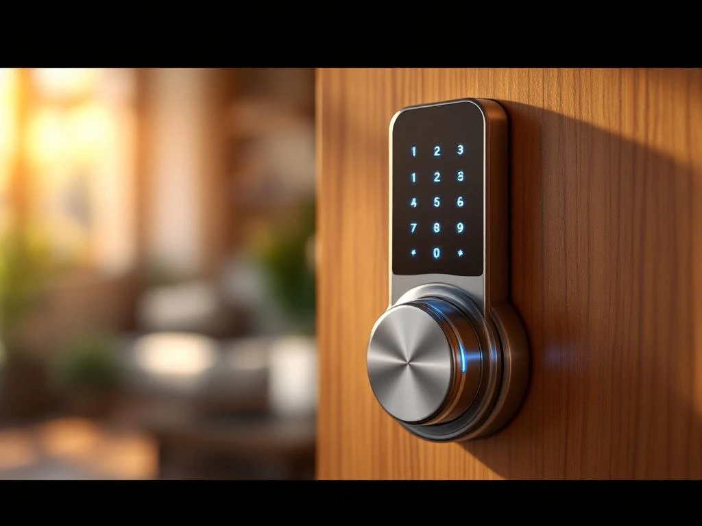 Modern elektronisch smart lock met touchscreen en LED-verlichting op houten deur met natuurlijk daglicht