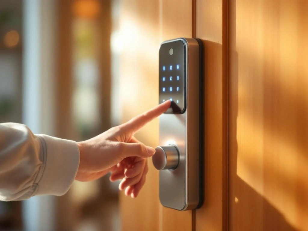 Hand bedient modern elektronisch smart lock met touchscreen op houten deur met natuurlijk licht