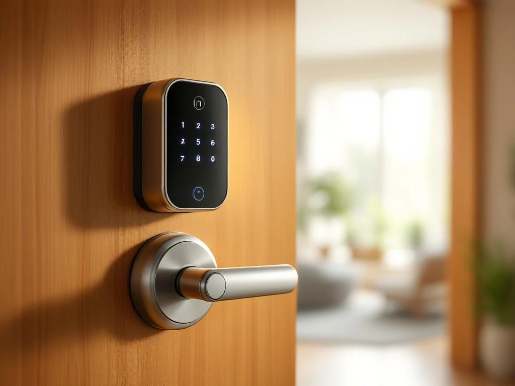 Modern elektronisch deurslot met verlicht touchscreen op houten deur in eigentijds interieur