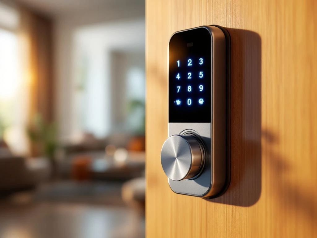 Moderne smart lock met touchscreen en vingerafdrukscanner op houten deur met blauw verlicht display